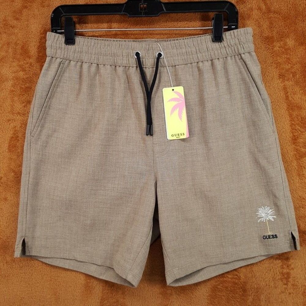 Guess Swim Trunks Mens Medium Tan Drawstring Lined Logo Walnut Slub Shorts